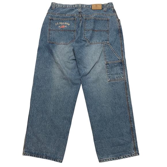 VTG Y2K 00s Polo ASSN Blue Embroidered Carpenter Baggy Wide Leg Jeans 36x30 - Picture 4 of 5